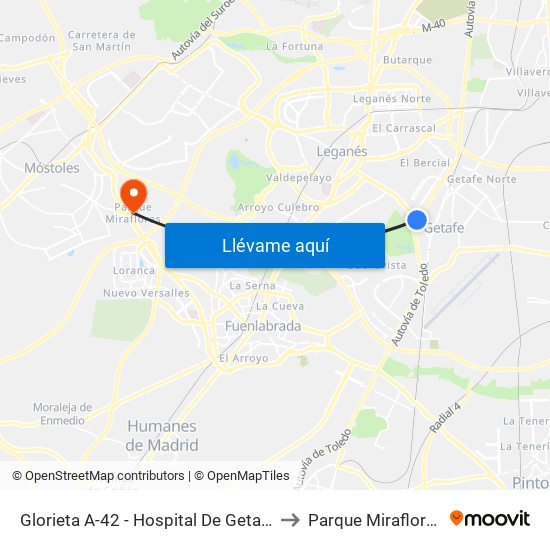 Glorieta A-42 - Hospital De Getafe to Parque Miraflores map