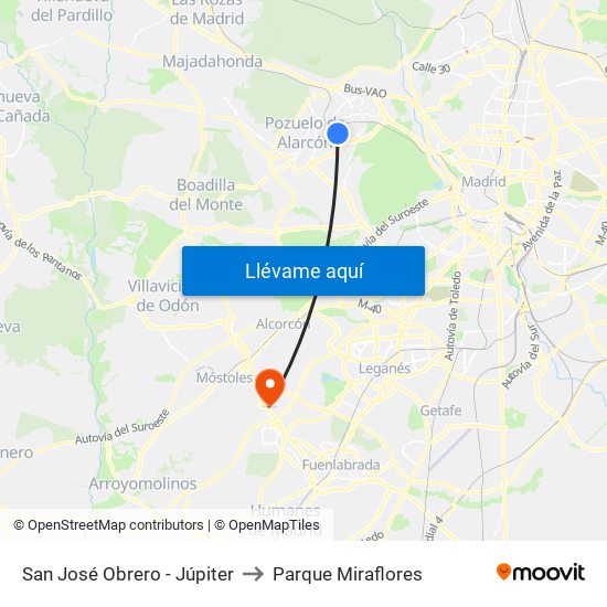 San José Obrero - Júpiter to Parque Miraflores map