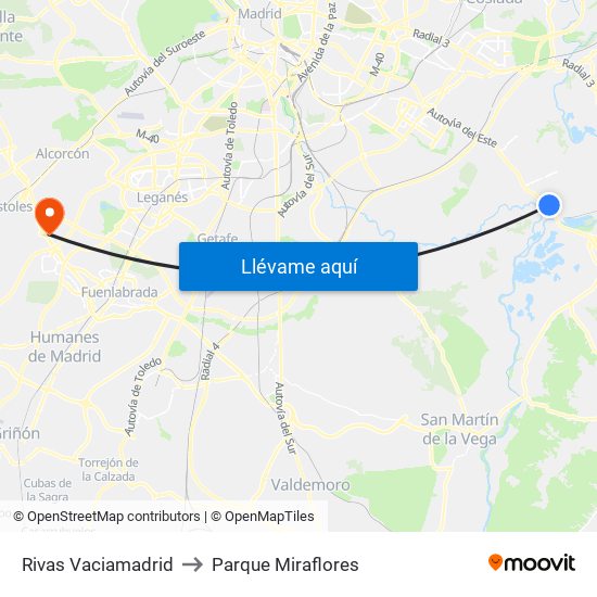 Rivas Vaciamadrid to Parque Miraflores map