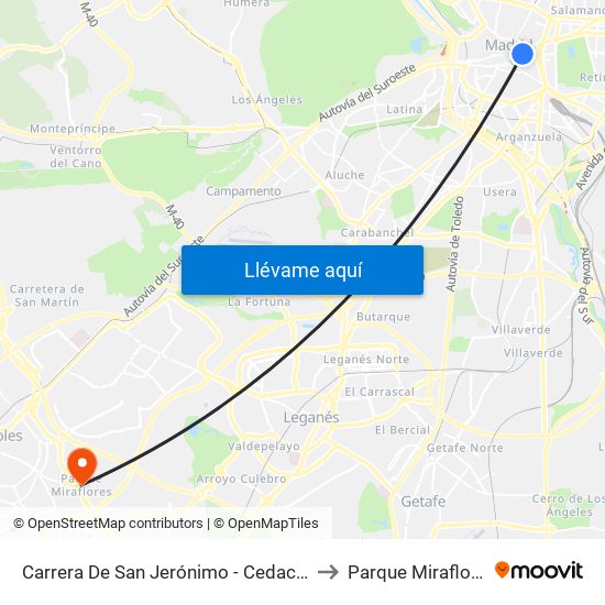 Carrera De San Jerónimo - Cedaceros to Parque Miraflores map