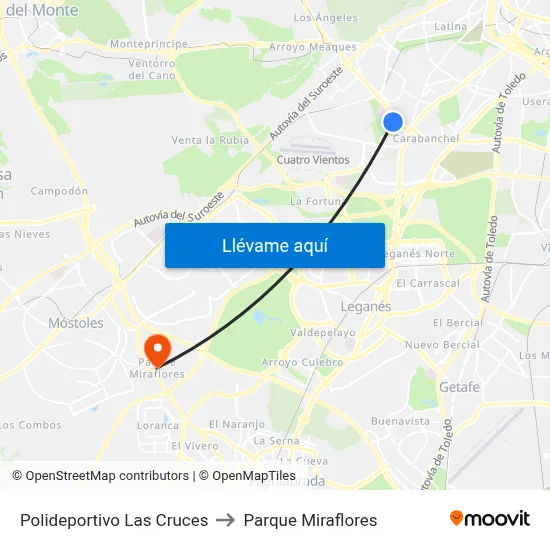Polideportivo Las Cruces to Parque Miraflores map