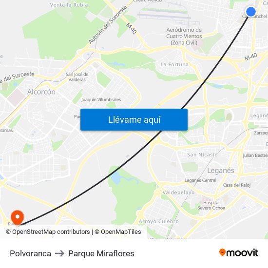 Polvoranca to Parque Miraflores map