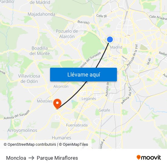 Moncloa to Parque Miraflores map