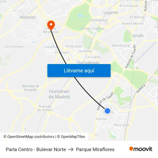 Parla Centro - Bulevar Norte to Parque Miraflores map