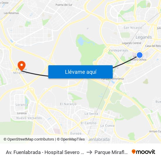 Av. Fuenlabrada - Hospital Severo Ochoa to Parque Miraflores map