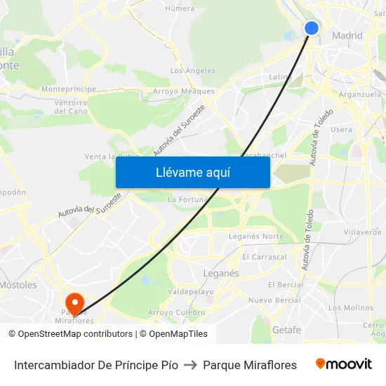 Intercambiador De Príncipe Pío to Parque Miraflores map