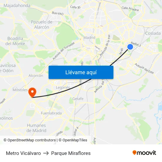 Metro Vicálvaro to Parque Miraflores map