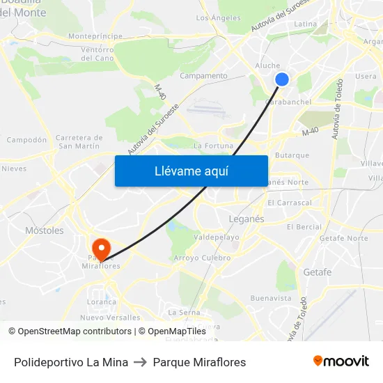Polideportivo La Mina to Parque Miraflores map