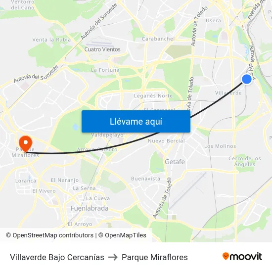 Villaverde Bajo Cercanías to Parque Miraflores map