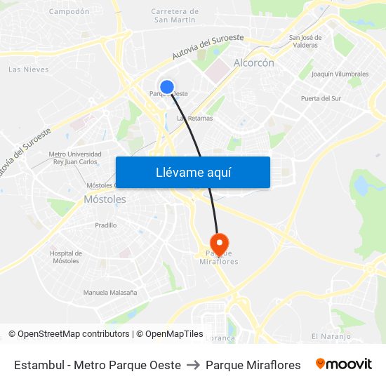 Estambul - Metro Parque Oeste to Parque Miraflores map