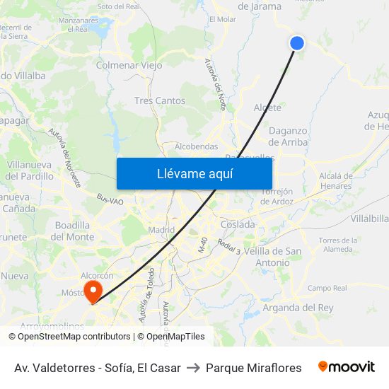 Av. Valdetorres - Sofía, El Casar to Parque Miraflores map