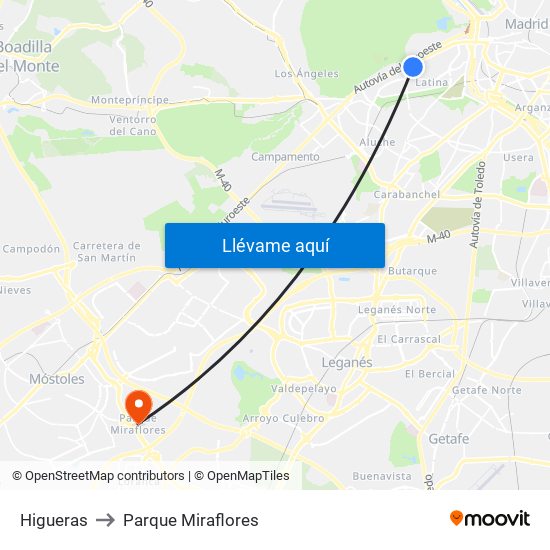 Higueras to Parque Miraflores map