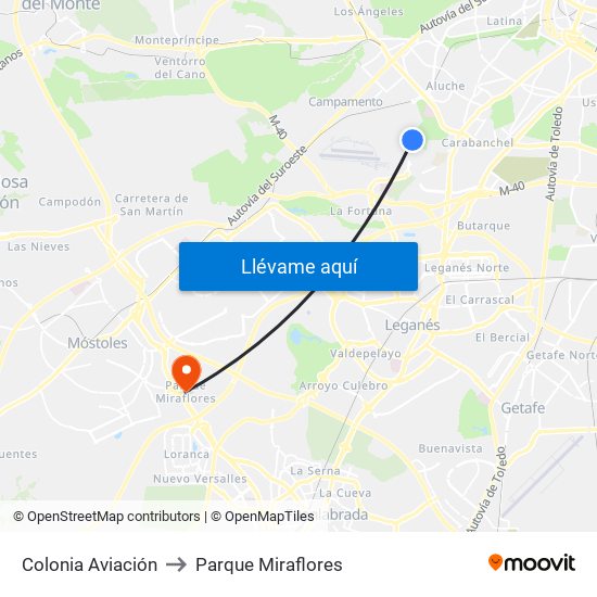 Colonia Aviación to Parque Miraflores map