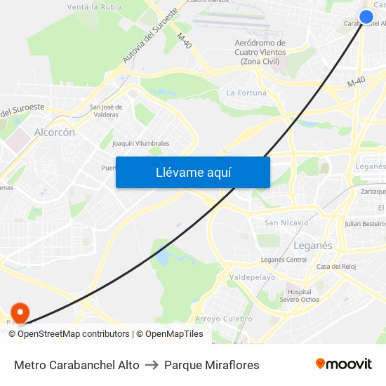 Metro Carabanchel Alto to Parque Miraflores map