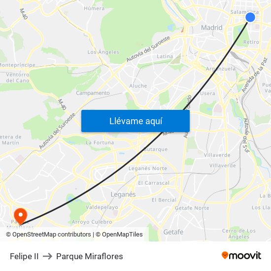 Felipe II to Parque Miraflores map