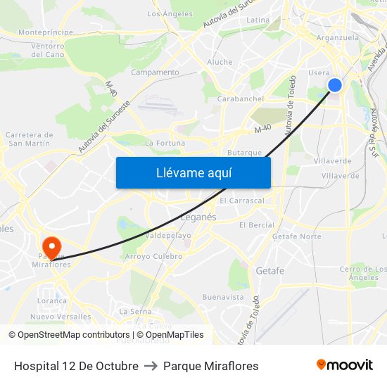 Hospital 12 De Octubre to Parque Miraflores map
