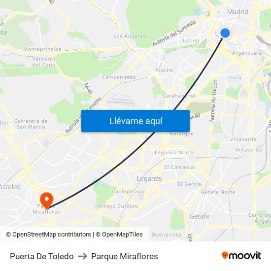 Puerta De Toledo to Parque Miraflores map