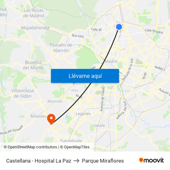 Castellana - Hospital La Paz to Parque Miraflores map