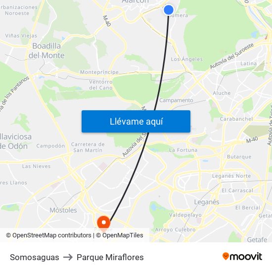 Somosaguas to Parque Miraflores map