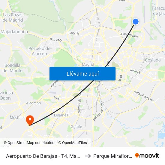 Aeropuerto De Barajas - T4, Madrid to Parque Miraflores map
