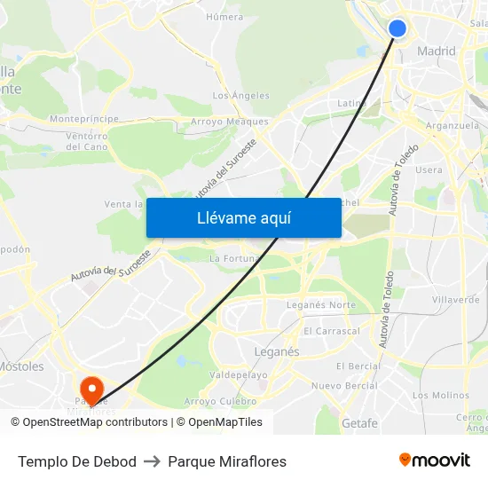 Templo De Debod to Parque Miraflores map