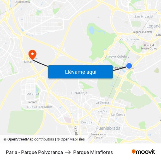 Parla - Parque Polvoranca to Parque Miraflores map