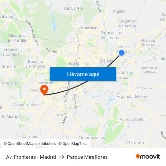 Av. Fronteras - Madrid to Parque Miraflores map