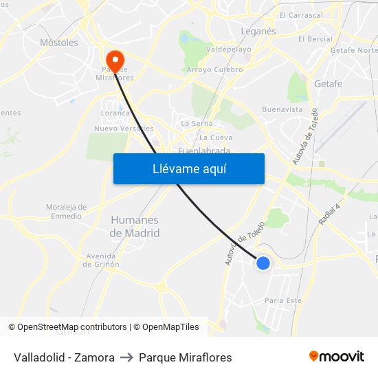 Valladolid - Zamora to Parque Miraflores map