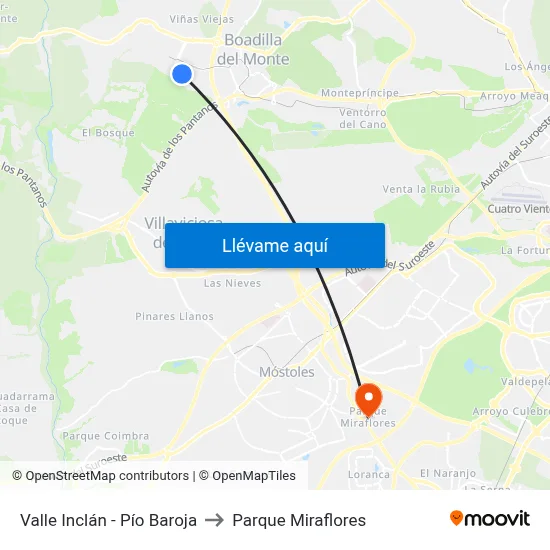 Valle Inclán - Pío Baroja to Parque Miraflores map