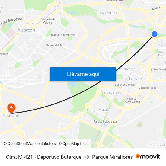 Ctra. M-421 - Deportivo Butarque to Parque Miraflores map