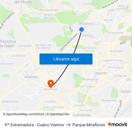 P.º Extremadura - Cuatro Vientos to Parque Miraflores map