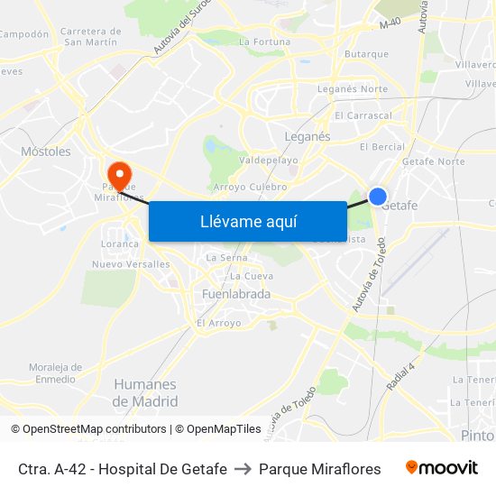 Ctra. A-42 - Hospital De Getafe to Parque Miraflores map