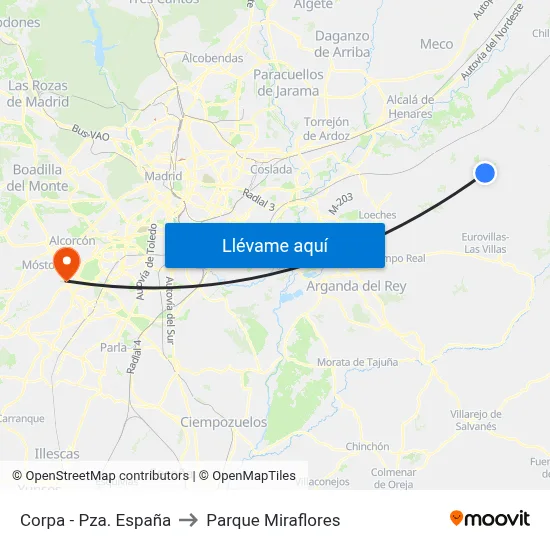 Corpa - Pza. España to Parque Miraflores map