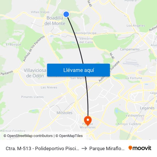 Ctra. M-513 - Polideportivo Piscinas to Parque Miraflores map