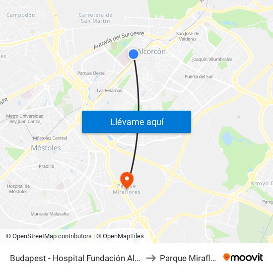 Budapest - Hospital Fundación Alcorcón to Parque Miraflores map
