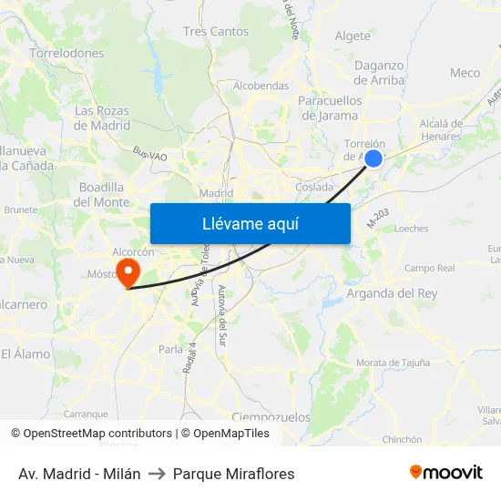 Av. Madrid - Milán to Parque Miraflores map