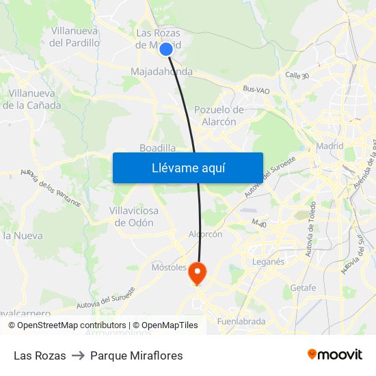 Las Rozas to Parque Miraflores map