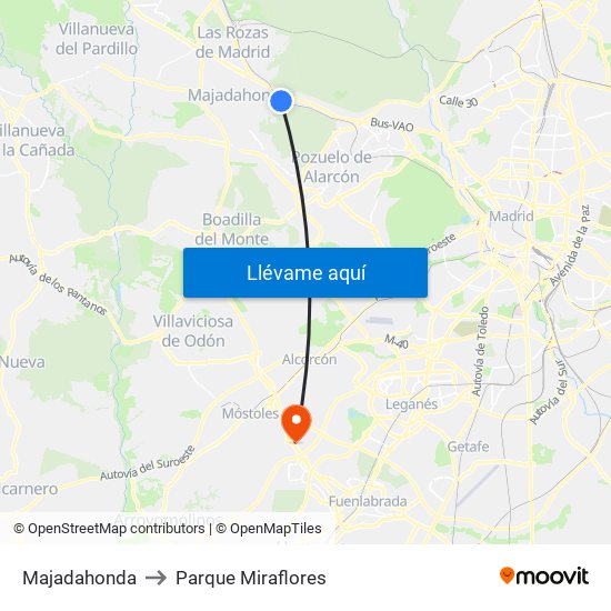 Majadahonda to Parque Miraflores map