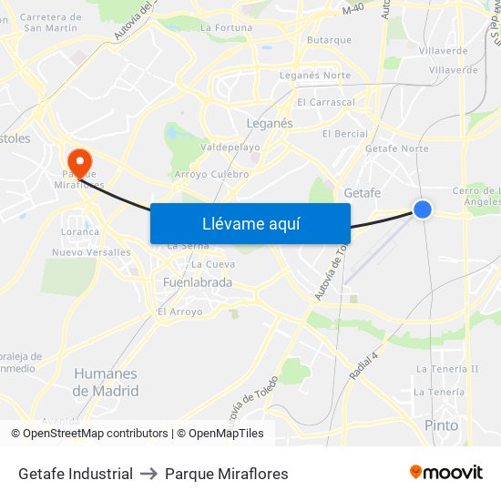 Getafe Industrial to Parque Miraflores map