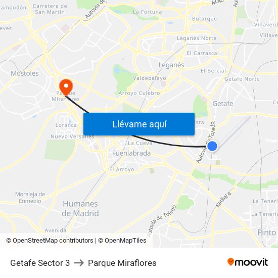Getafe Sector 3 to Parque Miraflores map
