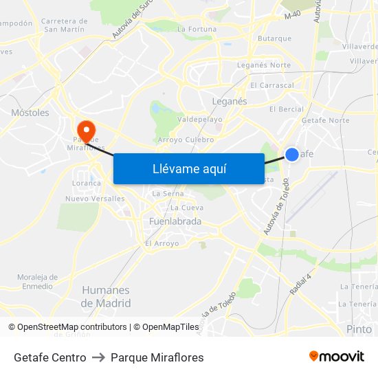 Getafe Centro to Parque Miraflores map