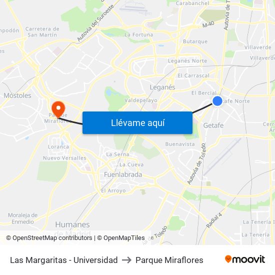 Las Margaritas - Universidad to Parque Miraflores map