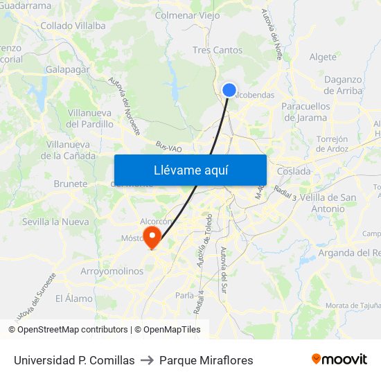 Universidad P. Comillas to Parque Miraflores map