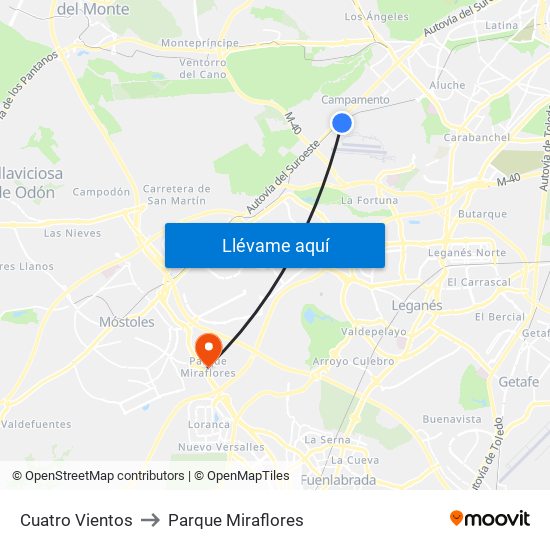 Cuatro Vientos to Parque Miraflores map