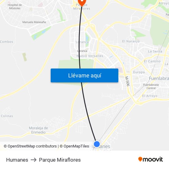 Humanes to Parque Miraflores map