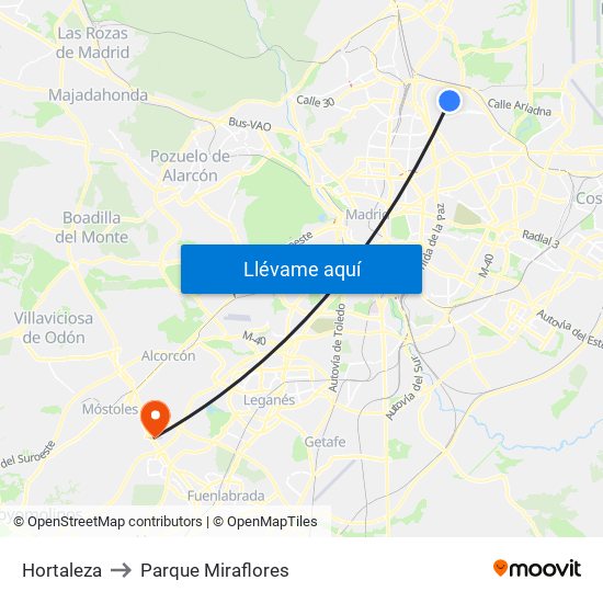 Hortaleza to Parque Miraflores map