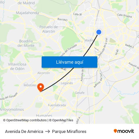 Avenida De América to Parque Miraflores map