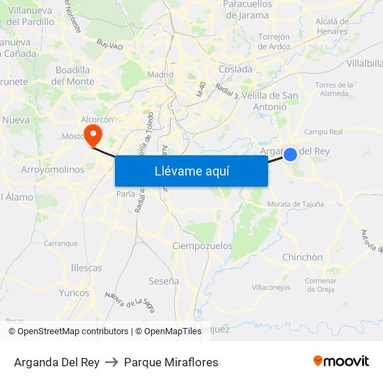 Arganda Del Rey to Parque Miraflores map