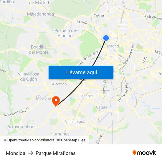 Moncloa to Parque Miraflores map