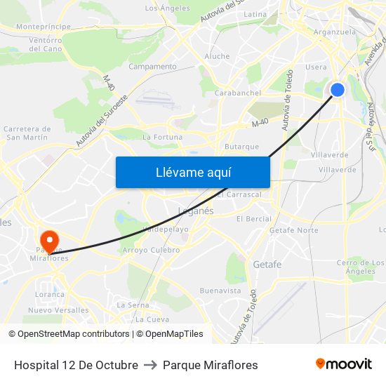 Hospital 12 De Octubre to Parque Miraflores map